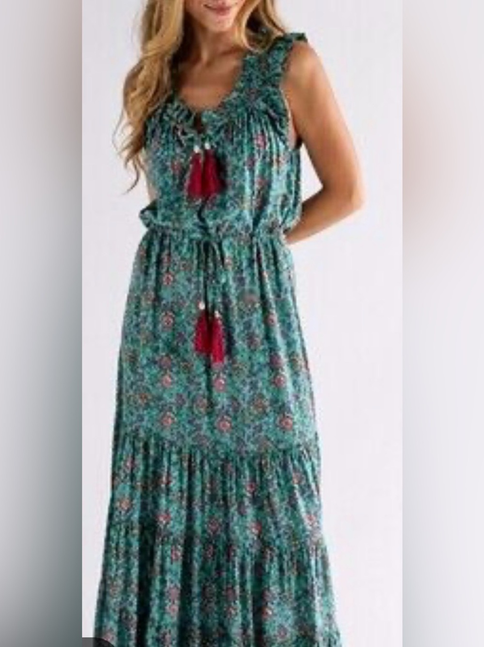 NATURAL LIFE Teal Floral Maxi Dress with Burgundy Tassels Size Medium